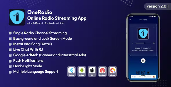 OneRadio - Online Radio Streaming App with AdMob in Android and iOS